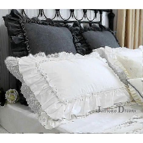 Taie d'oreiller décorative blanche princesse en dentelle double épaisseur avec volant, linge de lit en coton idéal pour l'automne (1/4)