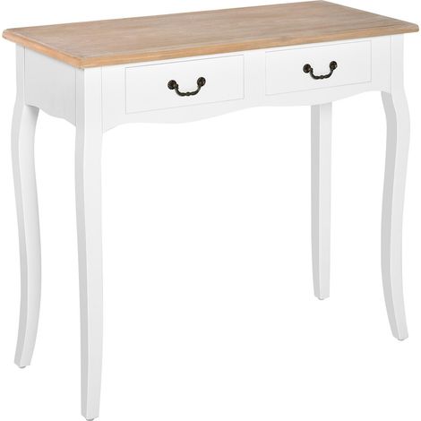 Console à 2 tiroirs, style rétro, idéale pour entrée, couloir, salon ou chambre, en pin, 87 x 34 x 78,5 cm, blanche. (1/5)