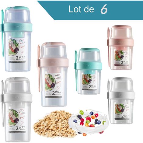Vasetto per yogurt 2 in 1, 6 tazze di yogurt (870 ml - 1070 ml) con cucchiaio, tazza per cereali a doppio strato, tazza per fiocchi d'avena, adatta per viaggi, lavoro, scuola (rosa + bianco + ciano) (1/5)