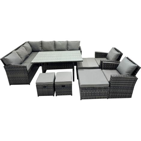 Fimous 12 Seat Poly Rattan Outdoor Patio Dining Table Corner Sofa Set with 4 Stool 2 Chairs for Garden Backyard Dark Grey Mixed (1/5)
