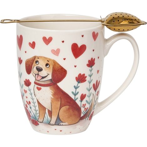 Niedlicher Porzellanbecher mit Teesieb, 360 ml – Hund mit Herzen, Valentinstagsgeschenk (1/5)