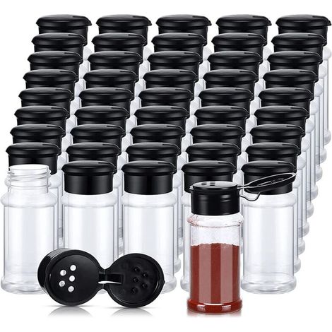 50 botes de plástico para especias con tapa, botes de especias con salero, botellas de plástico para especias, saleros, 100 ml, negro (1/5)