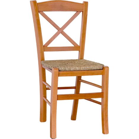Chaise de salle à manger Paesana croix en bois cerisier avec assise en paille (1/5)