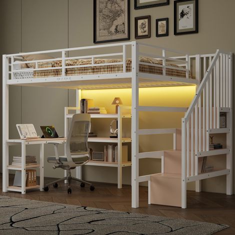 Lit mezzanine en métal 140x200 avec escalier, bureau intégré, compartiments de rangement, station de chargement USB et éclairage LED, blanc, garantie 2 ans