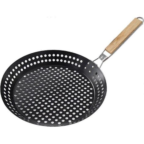 Poêle à griller antiadhésive pour barbecue, poêle antirouille avec poignée en bois amovible et pliable, idéale pour les steaks, les légumes et la viande en extérieur.