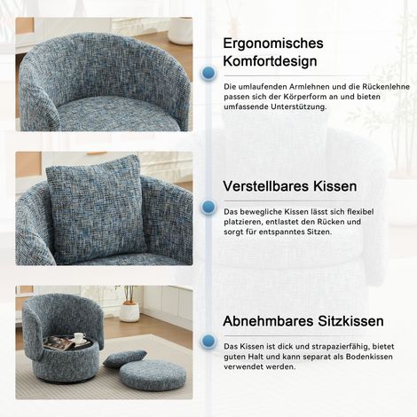 Fauteuil pivotant 360° avec rangement intégré et coussin dossier moelleux – fauteuil salon moderne pour chambre ou coin lecture (Bleu) (1/4)