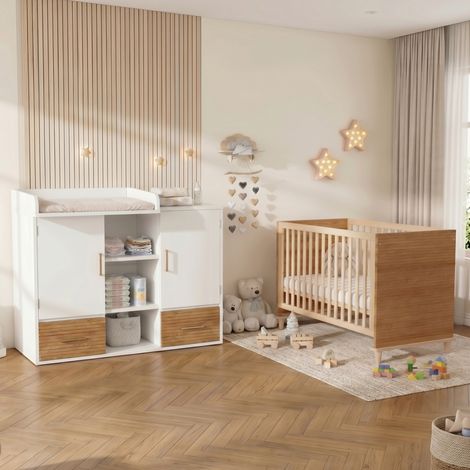Set table à langer et lit bébé à barreaux 114 x 53 x 92 cm / 70 x 140 x 87 cm bois naturel blanc (1/5)