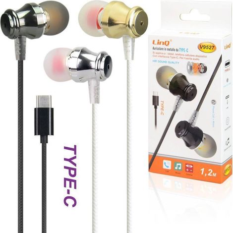 Trade Shop - METALL-STEREO-OHRHÖRER MIT MIKROFON 1,2 MT KABEL SMARTPHONE MP3 TYP-C V9527 -