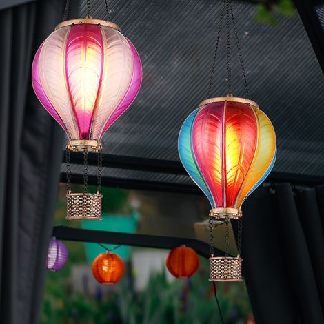 Lampada solare a sospensione lampada da esterno mongolfiera effetto fuoco decorazione giardino lampada da balcone, colore rosa, 20x 0,5W 1600K bianco caldo, DxH 14 x 46,5 cm, set di 2
