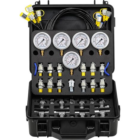 Hydraulic Pressure Test Kit with 5 Pressure Gauges (10/100/280/400/600 Bar), 12 Test Fittings, 14 T-Connectors, 5 Test Hoses, for Excavators and Construction Machinery (1/5)