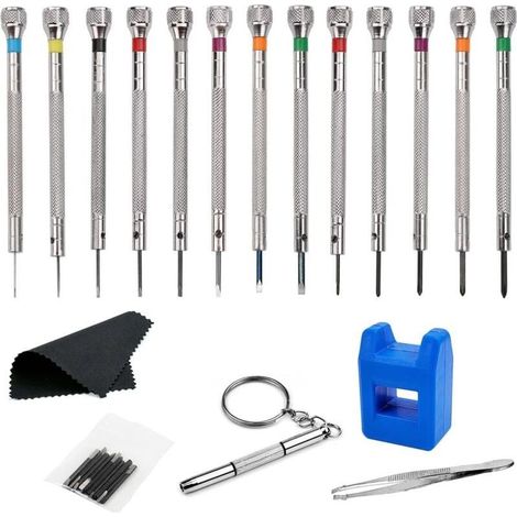 13 Pièces kit tournevis de précision 0,6-2,0 mm, Tournevis Montre pour Réparation, tournevis horlogerie avec Démagnétiseur, Outils de Réparation D'horloger (13) (1/4)