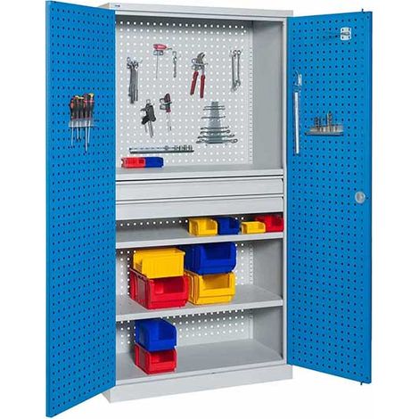Armoire d'atelier perforée - 2 tiroirs et 2 étagères - Bleue et grise - W030080001-GCBI (1/3)