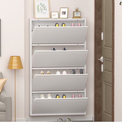 Wand-Schuhschrank mit 4 Klappen, Stahl, weiß, 80 x 15,2 x 144,6 cm OKMYHOME (1/5)
