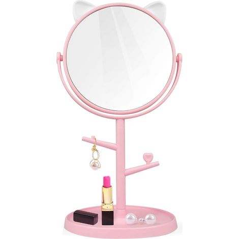 Miroir de Maquillage,Miroir de Table avec Support Rotation à 360°,Miroir Cosmétique Rotatif avec Plateau,Miroir de Maquillage de Bureau pour Chambre et Salle de Bain(Rose) (1/5)
