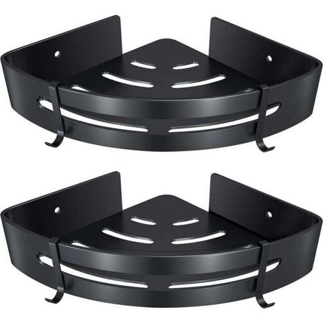 Etagère d'angle de Salle de Bain, Etagère de Douche sans Perçage Aluminium Adhésifs Panier de Rangement Douche pour Shampoing Savon Serviette, avec Crochets (Triangle, Noir, 2 Pièces) (1/5)
