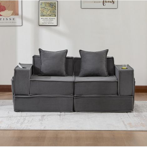 Canapé 2 plazas de pana gris oscuro 162 cm con 2 cojines y bolsillos laterales (1/5)