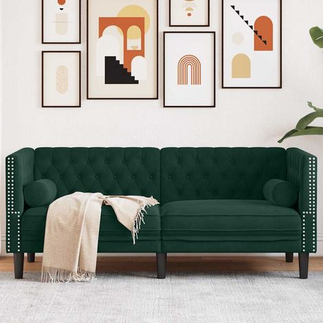 Chesterfield-Sofa mit Nackenrollen 2-Sitzer Dunkelgrün Samt