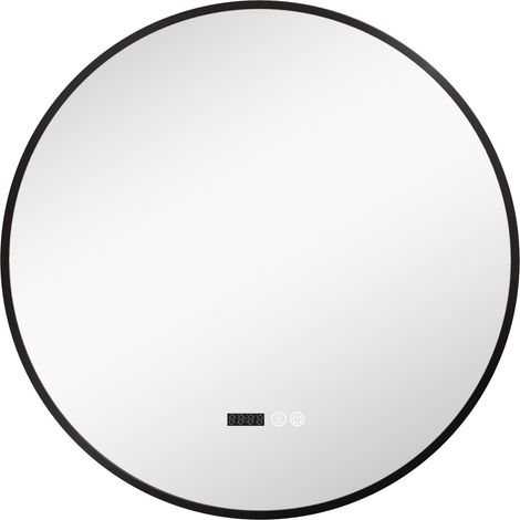 Miroir de salle de bain rond 70 cm LED réglable, antibuée, tactile intelligent, affichage heure/température, mémoire, IP44, noir