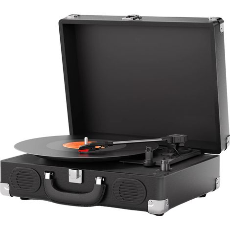 Tocadiscos de gramófono, Bluetooth integrado, compacto y portátil, negro. (1/2)