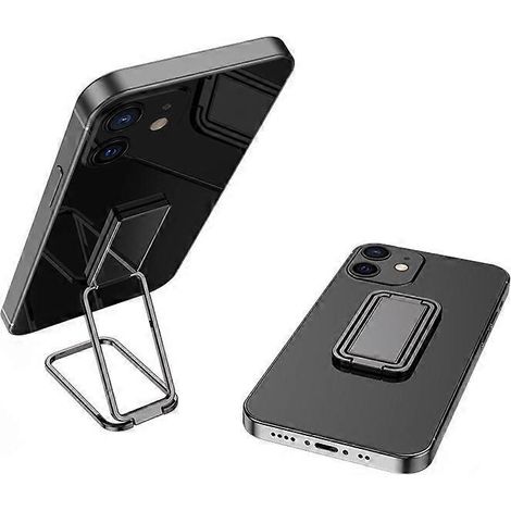 Lot de 2 supports de téléphone portable avec anneau et béquille intégrée, pliables, en métal ultra-fin et réglables, noirs. (1/5)