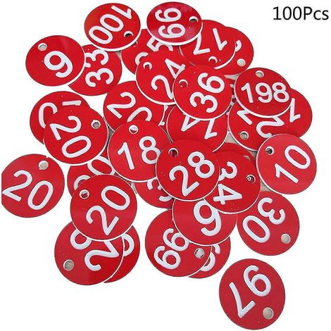 100 nummerierte Kunststoff-Kennzeichnungsanhänger von 1 bis 100, graviert und farbig für Schlüsselanhänger (rot) (1/5)