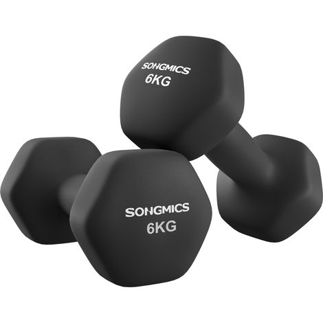 Haltères de Musculation Lot de 2 Hexagonales Revêtement PVC 2 x 6 kg Noir (1/5)