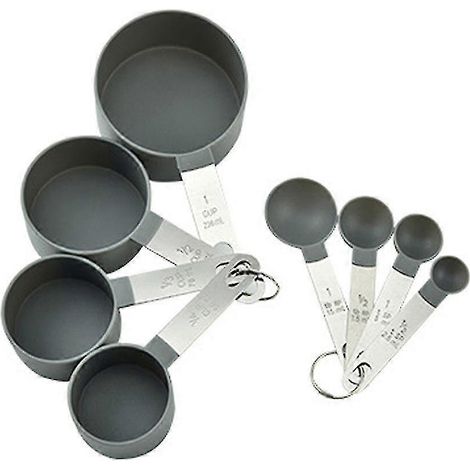 Messbecher- und Löffelset, 8-teilig, stapelbar, Edelstahlgriff, präziser Esslöffel zum Abmessen von trockenen und flüssigen Zutaten, kleiner Teelöffel-Gray