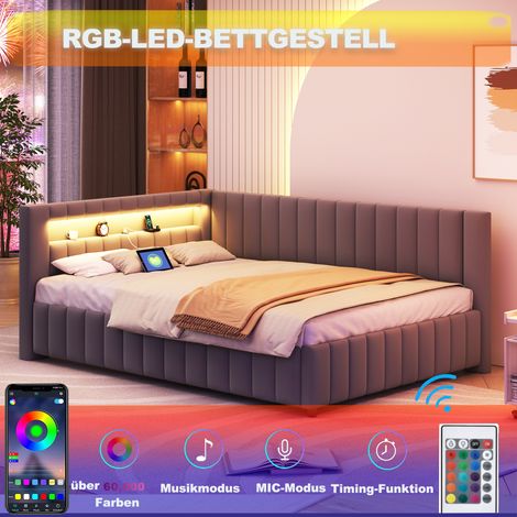 Sofá cama 140x200cm, tapizado para adulto, luz LED y puerto de carga USB, cama infantil, terciopelo, sin colchón, gris oscuro (1/5)