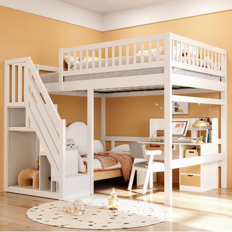 DESVIAE Lit mezzanine enfant et adolescent 140 x 200 cm avec escalier de rangement garde corps haut bois blanc (1/5)