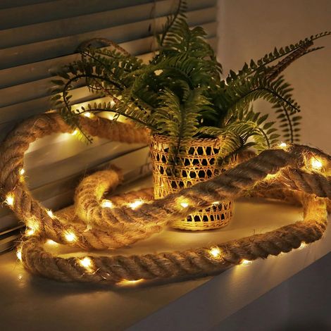 Guirlande lumineuse de 10 m - 200 LED - Fonctionne sur piles - Corde en chanvre - Étanche - Idéale pour décorer jardin, terrasse, balcon, balancelle ou valise. (1/4)