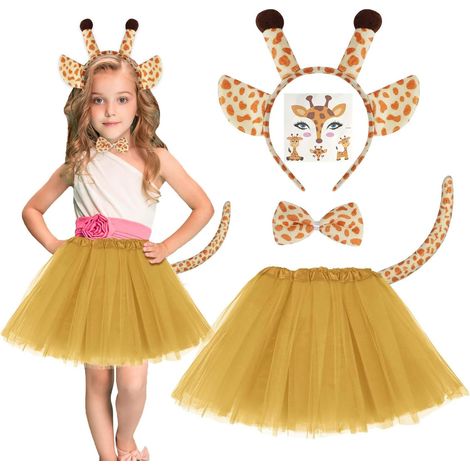 Set costume da giraffa per bambini, travestimento da animale, cerchietto, coda, tatuaggi temporanei, papillon, gonna tutù, cosplay di Halloween
