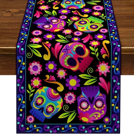 Chemin de table mexicain pour la Fête des Morts, motif floral et crâne, décoration d'Halloween pour salon et meuble TV - 30 x 180 cm (polyester) - WSJZQ-16