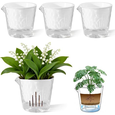 4 Pcs Pots de Fleurs en Plastique, 18cm Pot de Fleurs Auto-Arrosant,Pots de Plantes avec Trous De Drainage et Réservoir d'eau Amovible pour d'Intérieur d'Extérieur Jardins de Balcon, Blanc (1/5)
