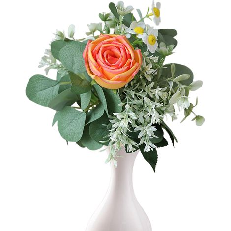 Künstlicher Strauß orangefarbener Seidenrosen mit Eukalyptusblättern, künstliche Blumendekoration für Wohn- und Esszimmer. (1/3)
