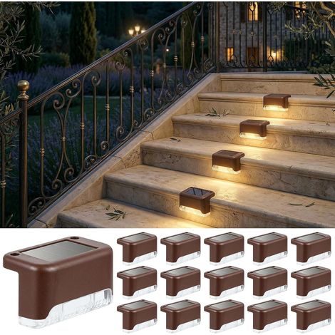 Qoosea Outdoor Solar Stair Lights, Set of 16 Solar Step Lights, Waterproof LED Solar Outdoor Decorative Lights for Fences, Gardens, Paths and Patios (Warm White) (1/5)
