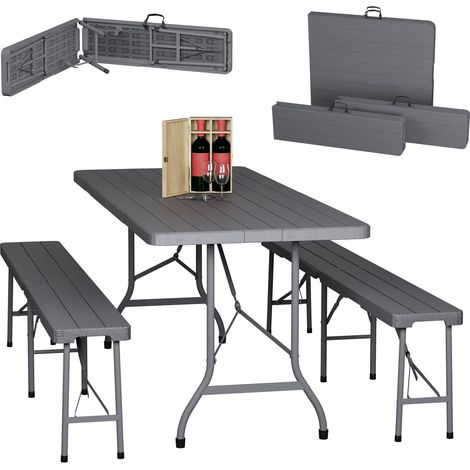 Relaxdays Tavolo da Birreria con Panche, Set da Giardino, Panchine e Tavolino 180 cm Pieghevoli, Aspetto Legno, Grigio (1/5)