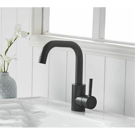 Robinet De Salle De Bains Noir Mat, Mitigeur D'évier Noir, Robinet De Cuisine À Levier Unique, Eau Froide Et Chaude, Grue Mitigeur De Lavabo (1/5)