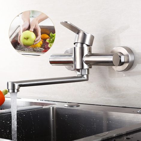 Rubinetto da parete girevole in acciaio inox, rubinetto da cucina, miscelatore monocomando a leva fredda e calda, montaggio a parete, 28 cm, braccio girevole a 360°, spazzolato, argento (1/5)