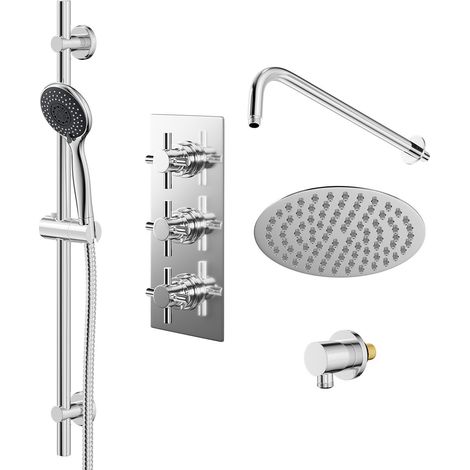 Wholesale Domestic Cross Polished Chrome Concealed Triple Thermostatic Shower Valve and 200mm Thin Round Fixed Head with Wall Arm and Clyde Slide Rail Kit with Round Elbow - 2 Outlet (1/5)