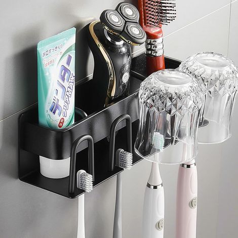 1 Porte-brosse à dents, Support mural sans perçage, Acier inoxydable, Pour gobelet, rasoir, dentifrice, Salle de bain (1/5)