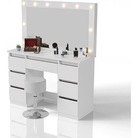 Tavolino da toilette con specchio Lilia con sgabello Tonia Elegante tavolino da toilette con luce e ampio spazio di archiviazione (1/3)