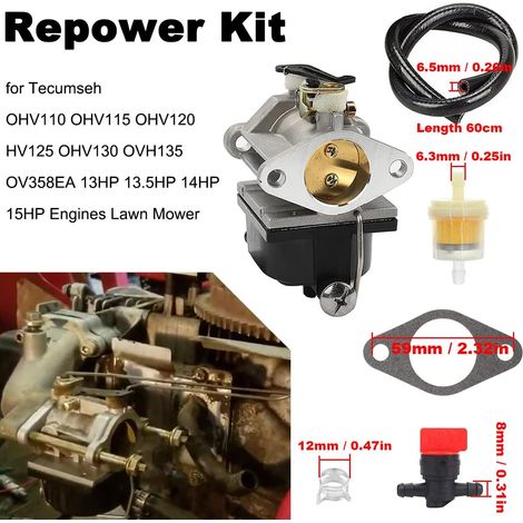 Kit carburateur pour tondeuses à gazon Tecumseh 640065A, 640065, OV358EA, OVH135, OHV110, OHV115, OHV120, OHV125, OHV130, 50-654, 13-15 ch, avec joint de conduite de carburant (1/5)