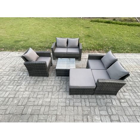 Fimous Outdoor Rattan Garden Furniture Set Conservatory Patio Sofa Coffee Table Set with Chair Big Footstool Dark Grey Mixed (1/5)