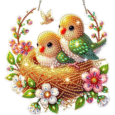 Pendentif peinture diamant oiseaux dans le nid avec des fleurs, décoration de fenêtre à suspendre