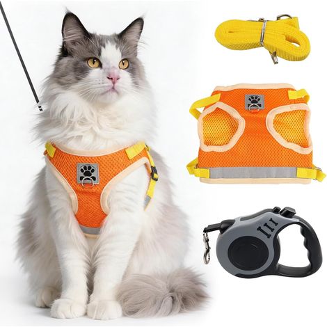 Harnais Chat Anti Évasion avec Laisse, Harnais pour Chat Souple, Bandes Réfléchissantes, Laisse Automatique 5m Offerte, Réglable pour Chatons et Chiots (Orange-Jaune, Taille M) (1/5)