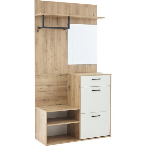 Mueble de entrada con espejo, zapatero y perchero 100x38,5x190 cm blanco madera (1/5)