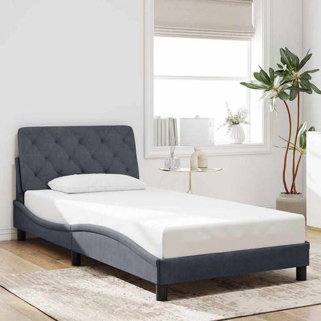 Cadre de lit avec tête de lit velours gris foncé, taille 100x200 cm, pour matelas épais 15 cm, incluant coussin rembourré mousse (1/4)