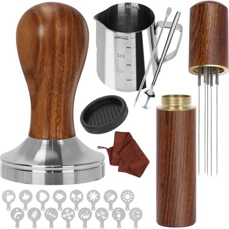 Juego de 23 piezas de 58 mm para prensar café, ideal para baristas, que incluye una alfombrilla de espuma para cafetera, un lápiz para arte latte, un agitador de café y un prensador de sándalo, apto p