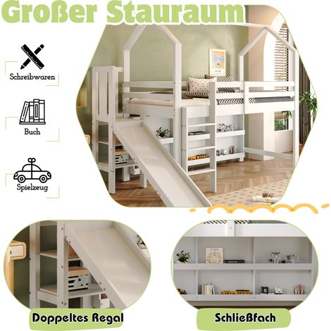 Lit simple enfant 90x200 cm, lit multifonction avec toboggan, échelle, rangement et étagère, sans matelas, bois massif et MDF, blanc (1/5)