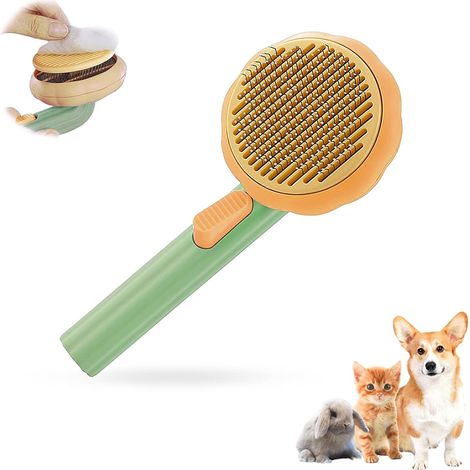 Brosse de toilettage autonettoyante pour animaux (chiens, chats, lapins, poils courts et longs, petites et grandes races, jaune, 1 pièce) (1/5)